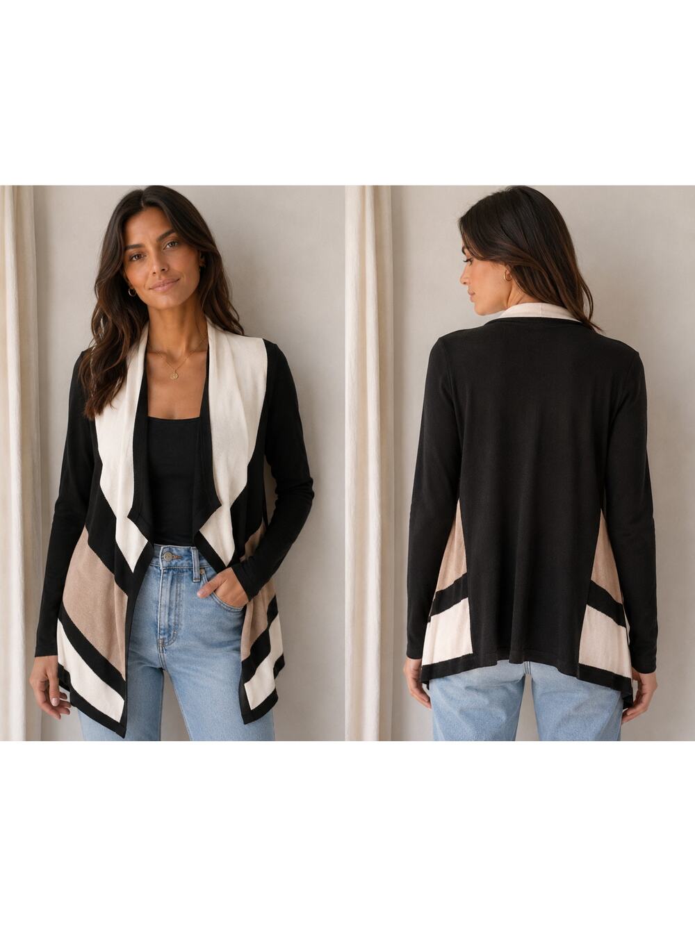 Verve Ami Black Cream & Taupe Colorblock Open Front Drape Cardigan Size Small